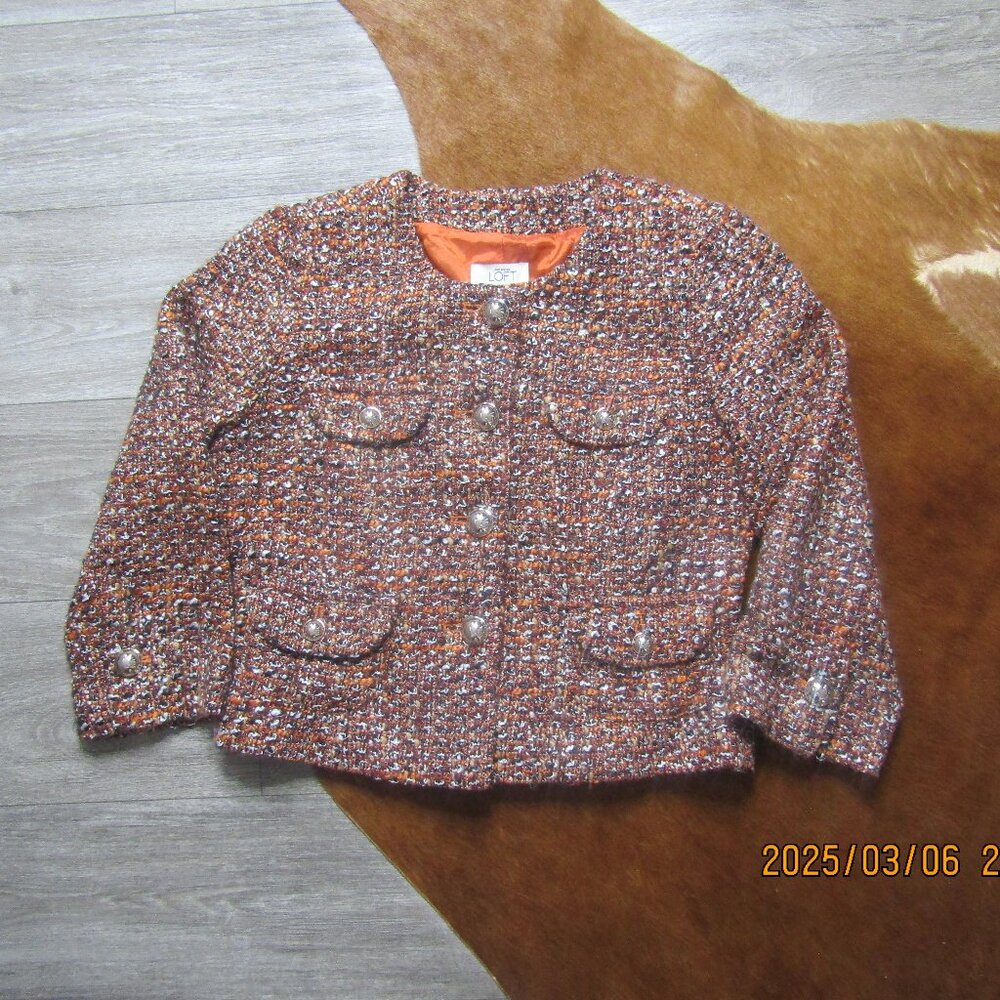 ann taylor loft women blazer jacket women 6 brown lined with gold buttons